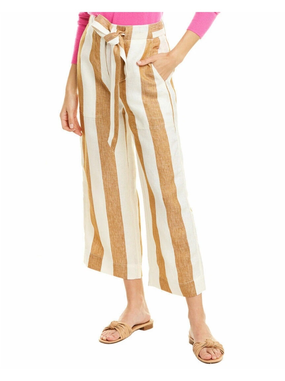 J. Crew Striped Tie-Waist Cropped Wide-Leg Pants - White & Tan 100% Linen